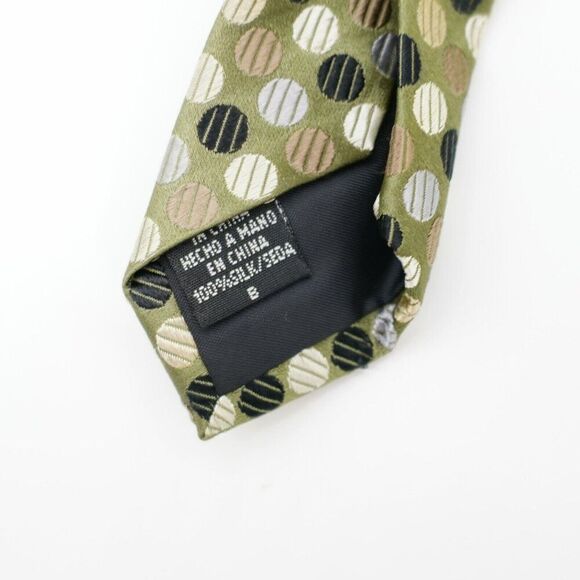 Geoffrey Beene Stain Resistant Green Black Tan Polka Dot Woven Wide‎ Silk Tie - Picture 5 of 7